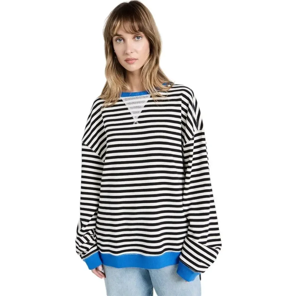 Free People We The Free Black Classic Striped Contrast Crew Sweatshirt